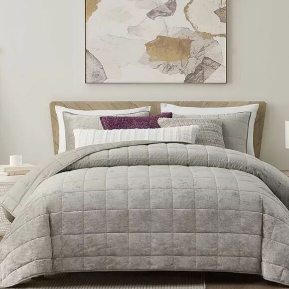 Koolaburra By Ugg Bentley Full/Queen Velvet Quilt Set w/Shams- Silver - Picture 1 of 11